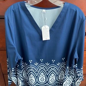 Blue and White 3/4 Sleeve, V Neck Blouse, NWT 16